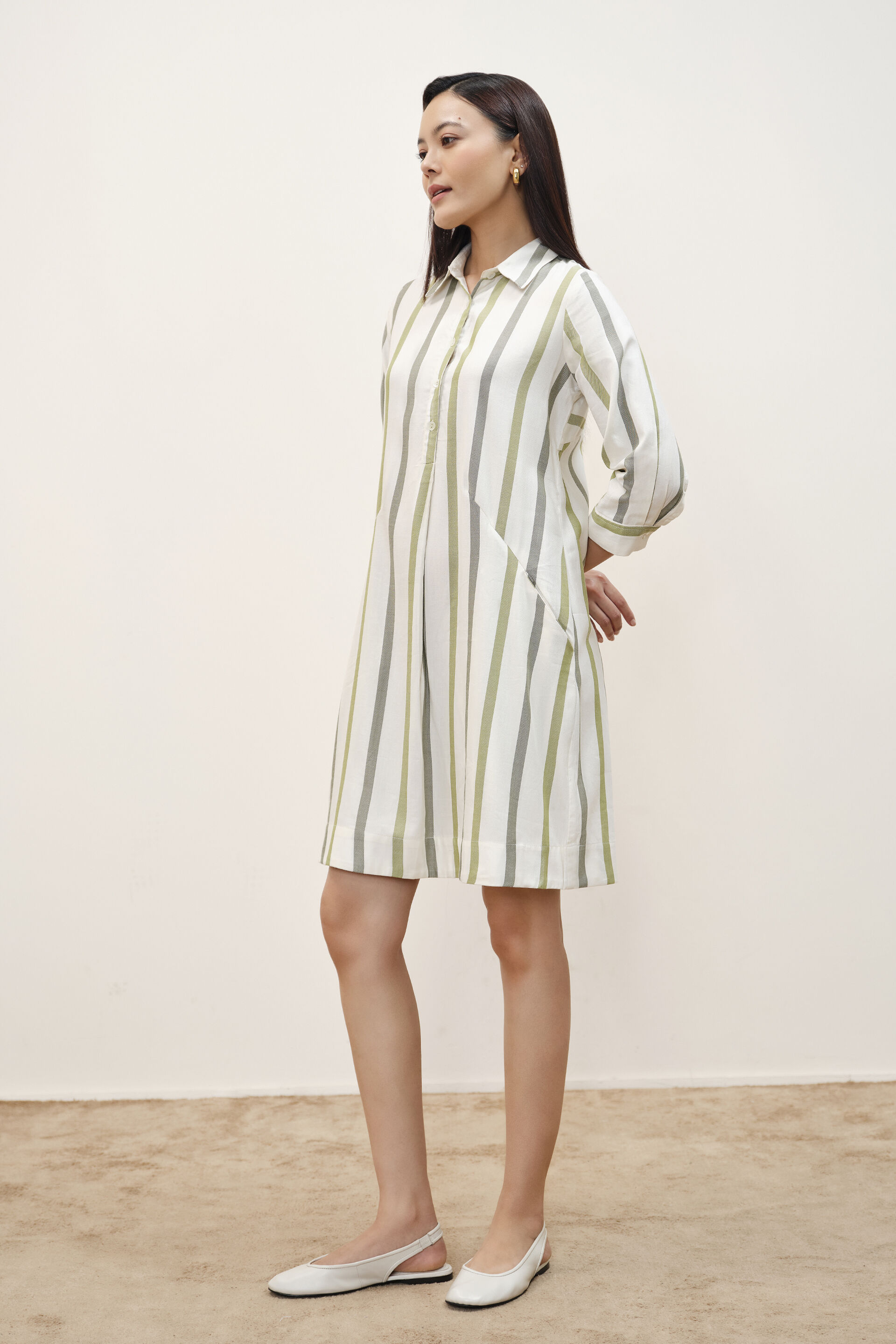 Olive & Cream Striped Dress, Green, image 4